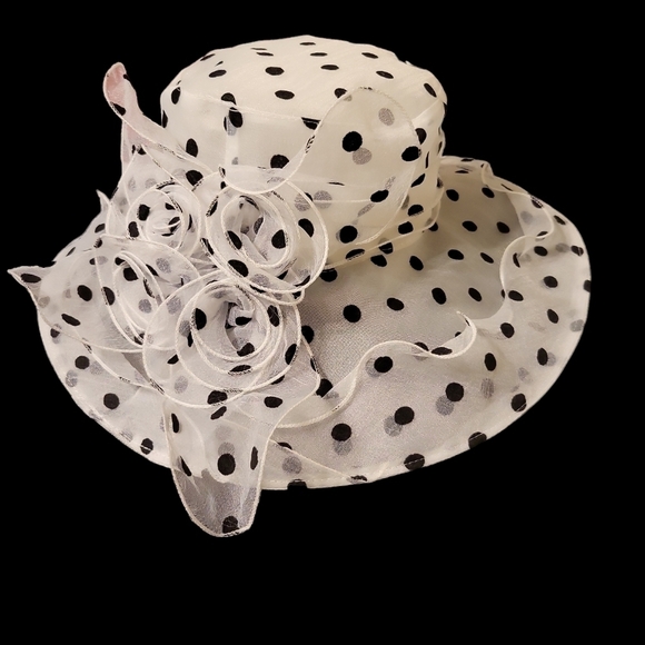Women's New Hat larger brim white with black polka-dot  Derby - Picture 6 of 10